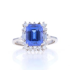 White Gold Tanzanite & Diamond Halo Ring - 18k Emerald Cut 2.51ctw Cathedral