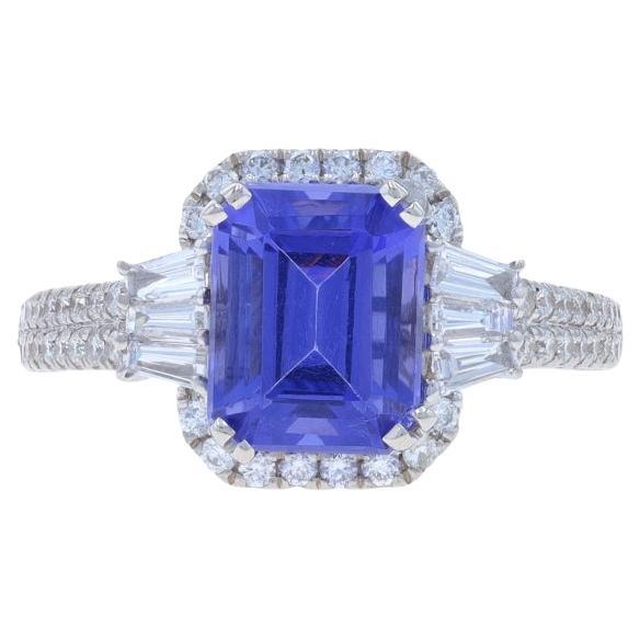 White Gold Tanzanite Diamond Halo Ring - 18k Emerald Cut 3.51ctw
