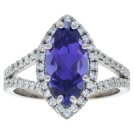 White Gold Tanzanite Diamond Halo Ring - 18k Marquise 3.20ctw