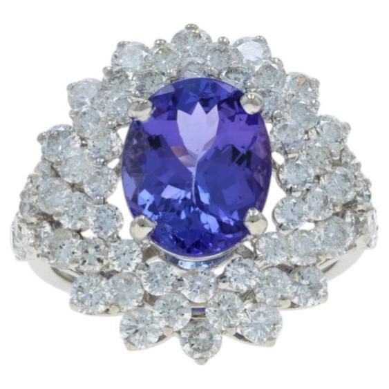 White Gold Tanzanite Diamond Halo Ring - 18k Oval 6.13ctw Floral For Sale
