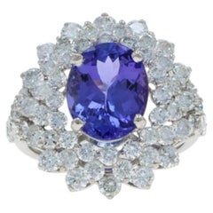 White Gold Tanzanite Diamond Halo Ring - 18k Oval 6.13ctw Floral