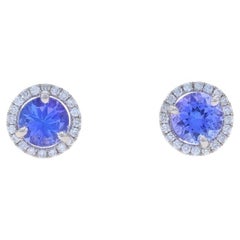 Clous d'oreilles halo en or blanc 14 carats avec tanzanite et diamants - 1,17 ctw