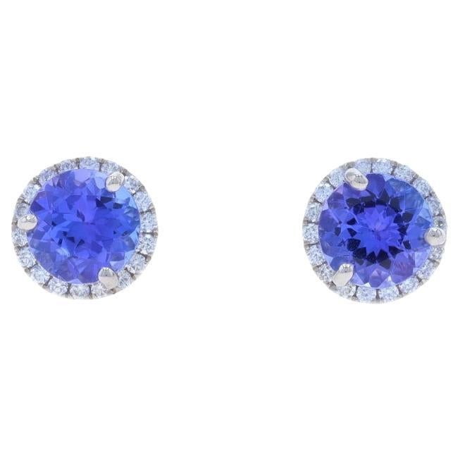 White Gold Tanzanite Diamond Halo Stud Earrings - 14k Round 1.98ctw