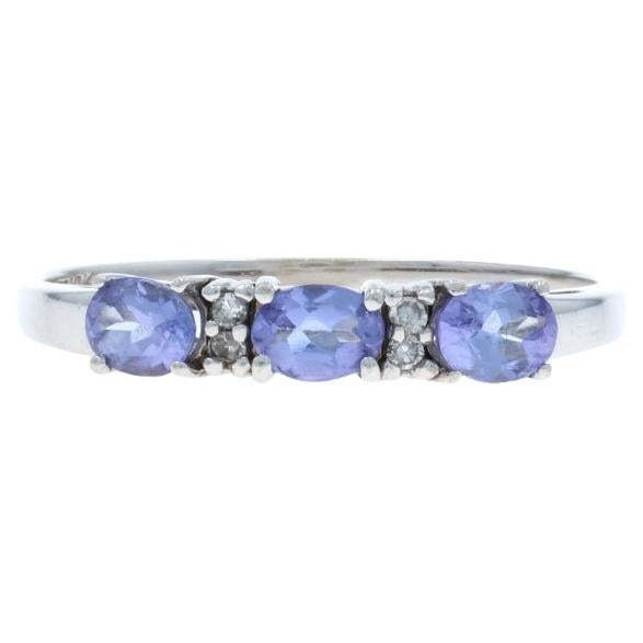 White Gold Tanzanite Diamond Ring - 10k Oval .47ctw Three-Stone