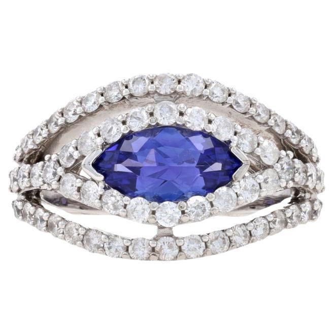 White Gold Tanzanite & Diamond Ring - 14k Marquise 2.90ctw East-West Halo Size 8 For Sale