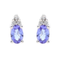 White Gold Tanzanite Diamond Stud Earrings - 14k Oval .84ctw Pierced