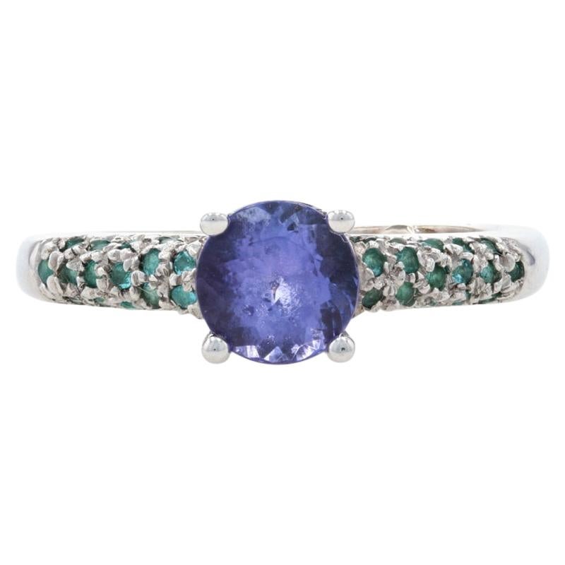 For Sale:  White Gold Tanzanite Emerald & Diamond Engagement Ring, 18k Rnd 2.23ctw