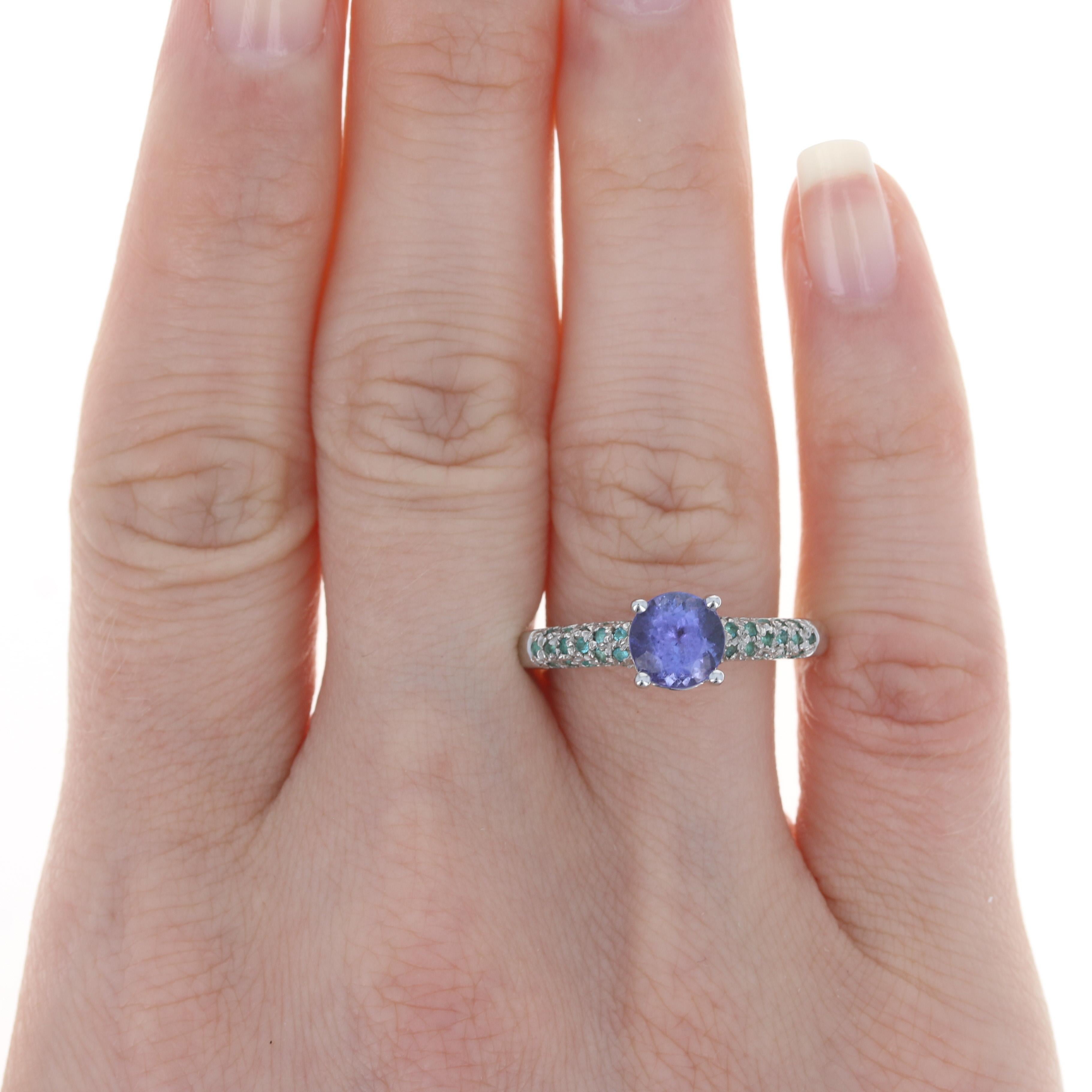 For Sale:  White Gold Tanzanite Emerald & Diamond Engagement Ring, 18k Rnd 2.23ctw 2