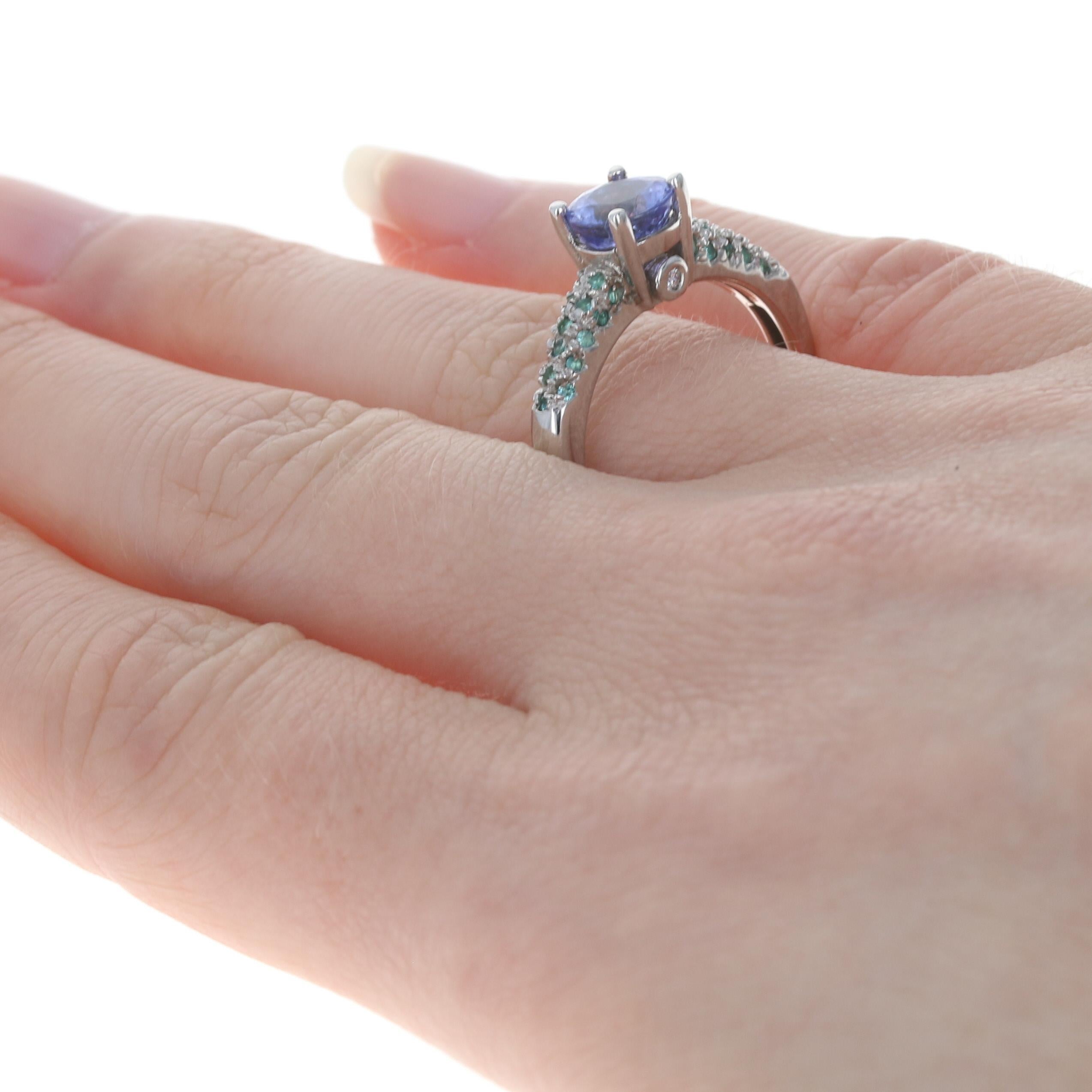 For Sale:  White Gold Tanzanite Emerald & Diamond Engagement Ring, 18k Rnd 2.23ctw 4