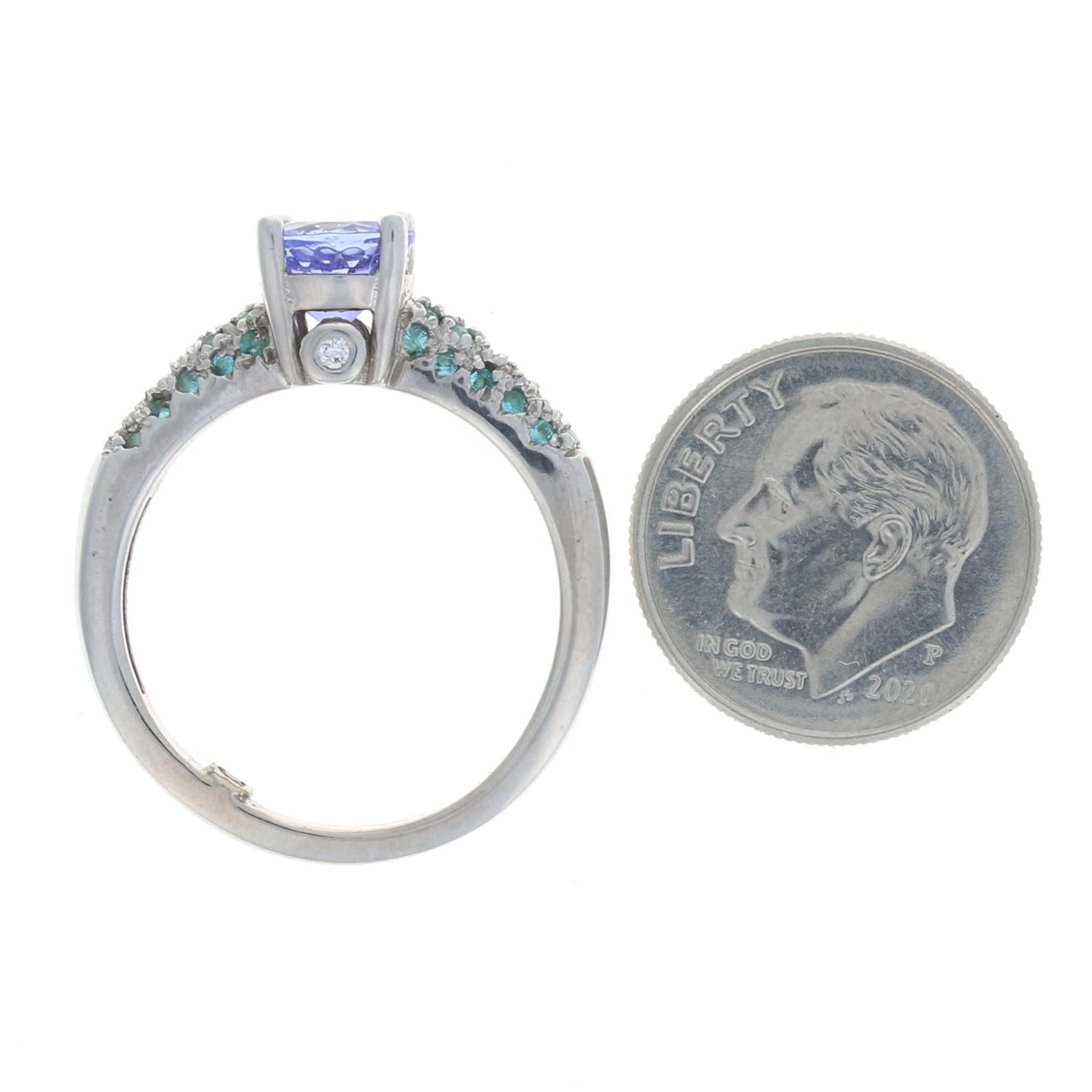 For Sale:  White Gold Tanzanite Emerald & Diamond Engagement Ring, 18k Rnd 2.23ctw 5
