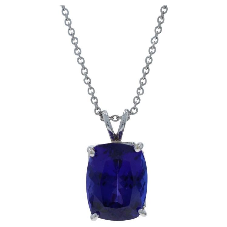 White Gold Tanzanite Solitaire Pendant Necklace 17" - 18k Cushion 15.32ct