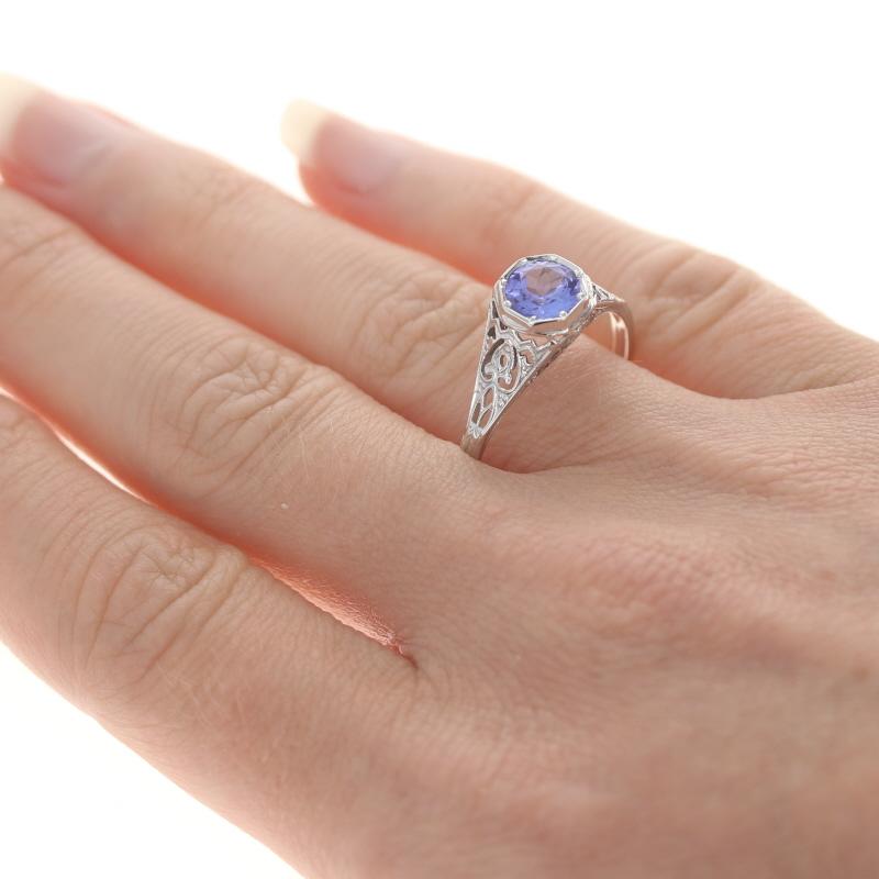 White Gold Tanzanite Solitaire Ring 18k Rnd .80ctw Milgrain Filigree Engagement In Excellent Condition For Sale In Greensboro, NC