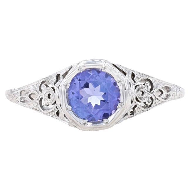 White Gold Tanzanite Solitaire Ring 18k Rnd .80ctw Milgrain Filigree Engagement For Sale