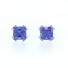 White Gold Tanzanite Stud Earrings - 14k Square .90ctw Pierced