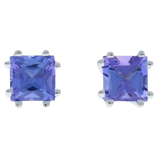 White Gold Tanzanite Stud Earrings - 14k Square .90ctw Pierced in vendita