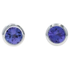 White Gold Tanzanite Stud Earrings - 18k Round .90ctw Pierced Screw-Ons