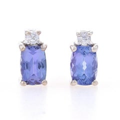 White Gold Tanzanite & White Sapphire Stud Earrings -10k Cushion 1.26ctw Pierced