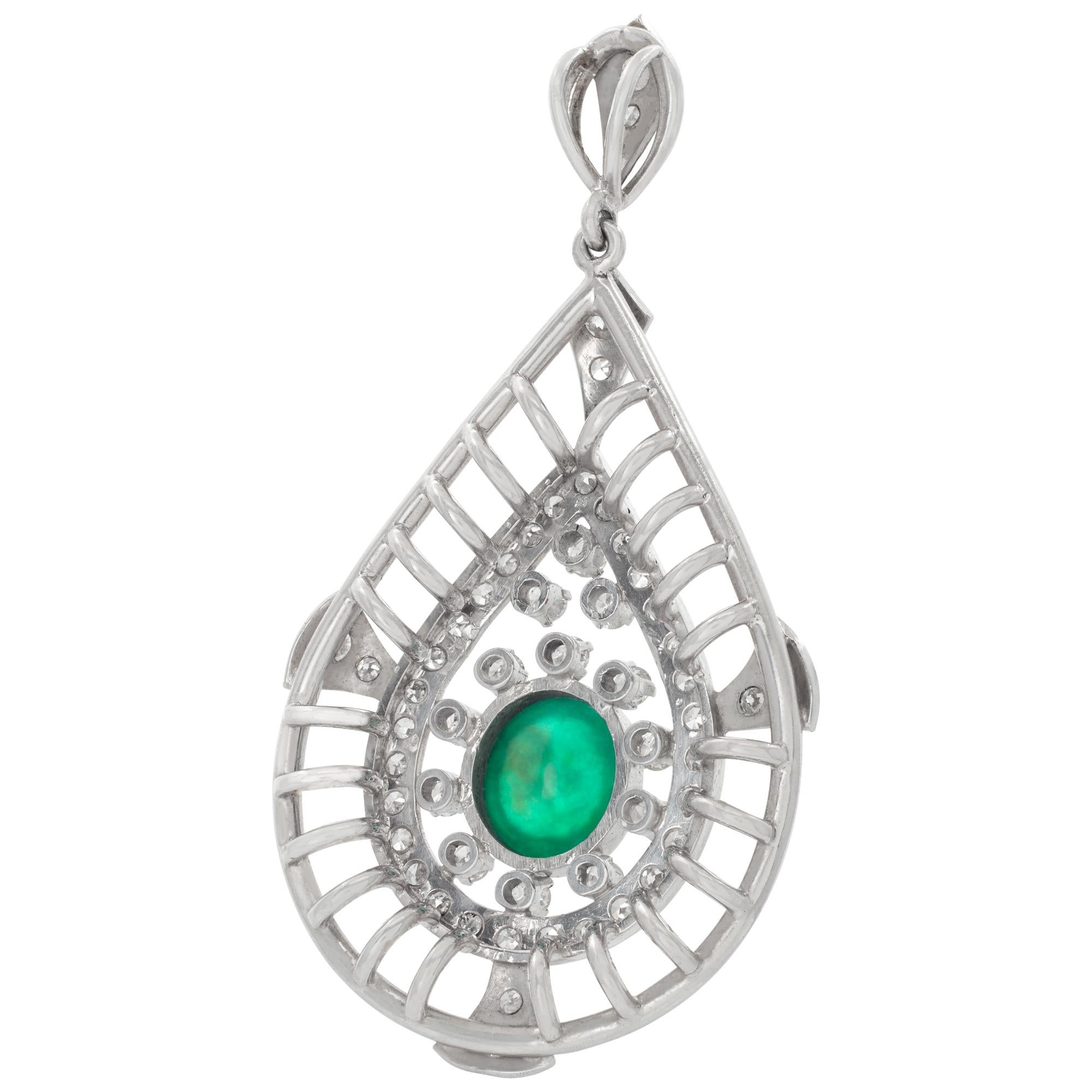 Women's or Men's White gold tear drop brooch with center cabochon emerald and accent diamonds For Sale