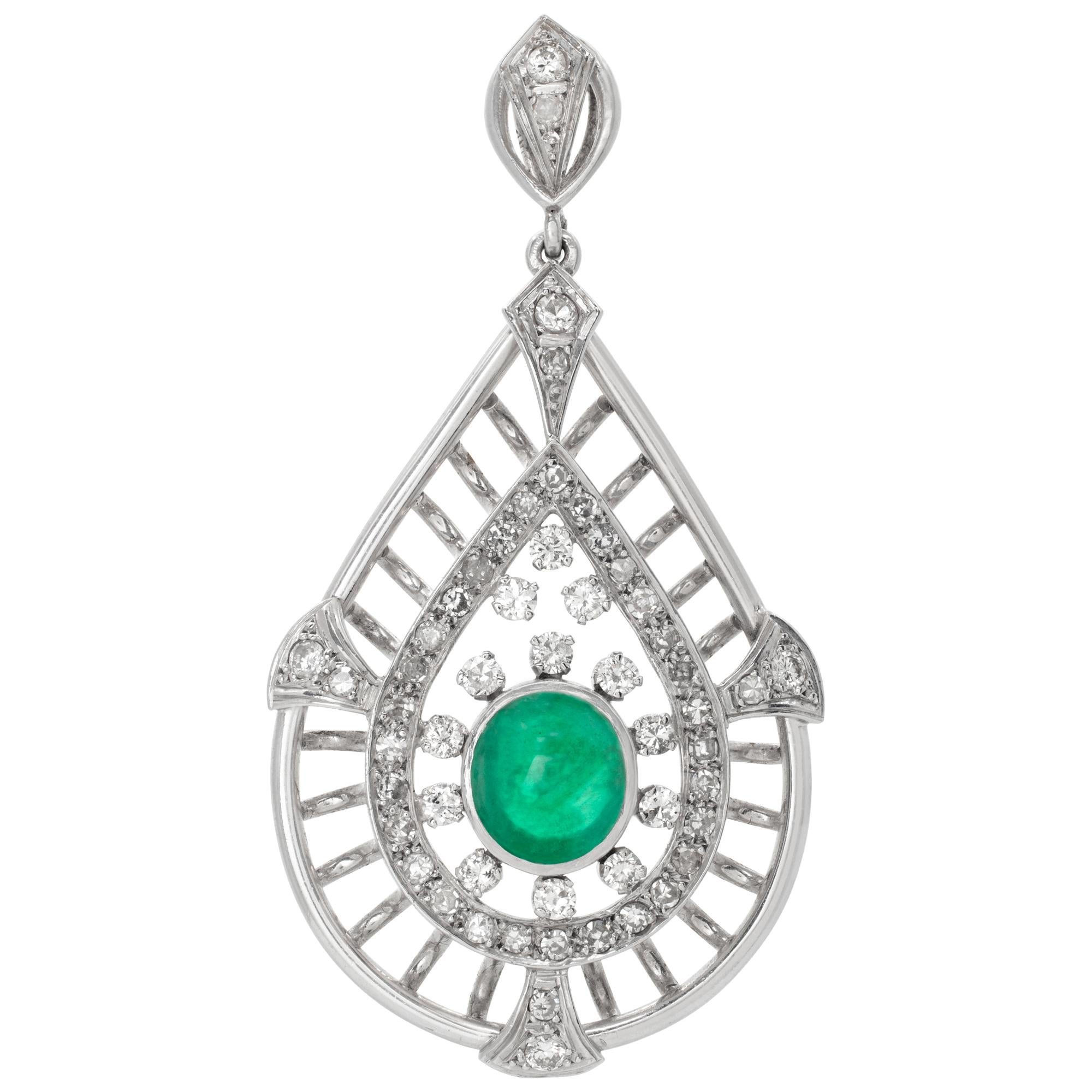 White gold tear drop brooch with center cabochon emerald and accent diamonds For Sale