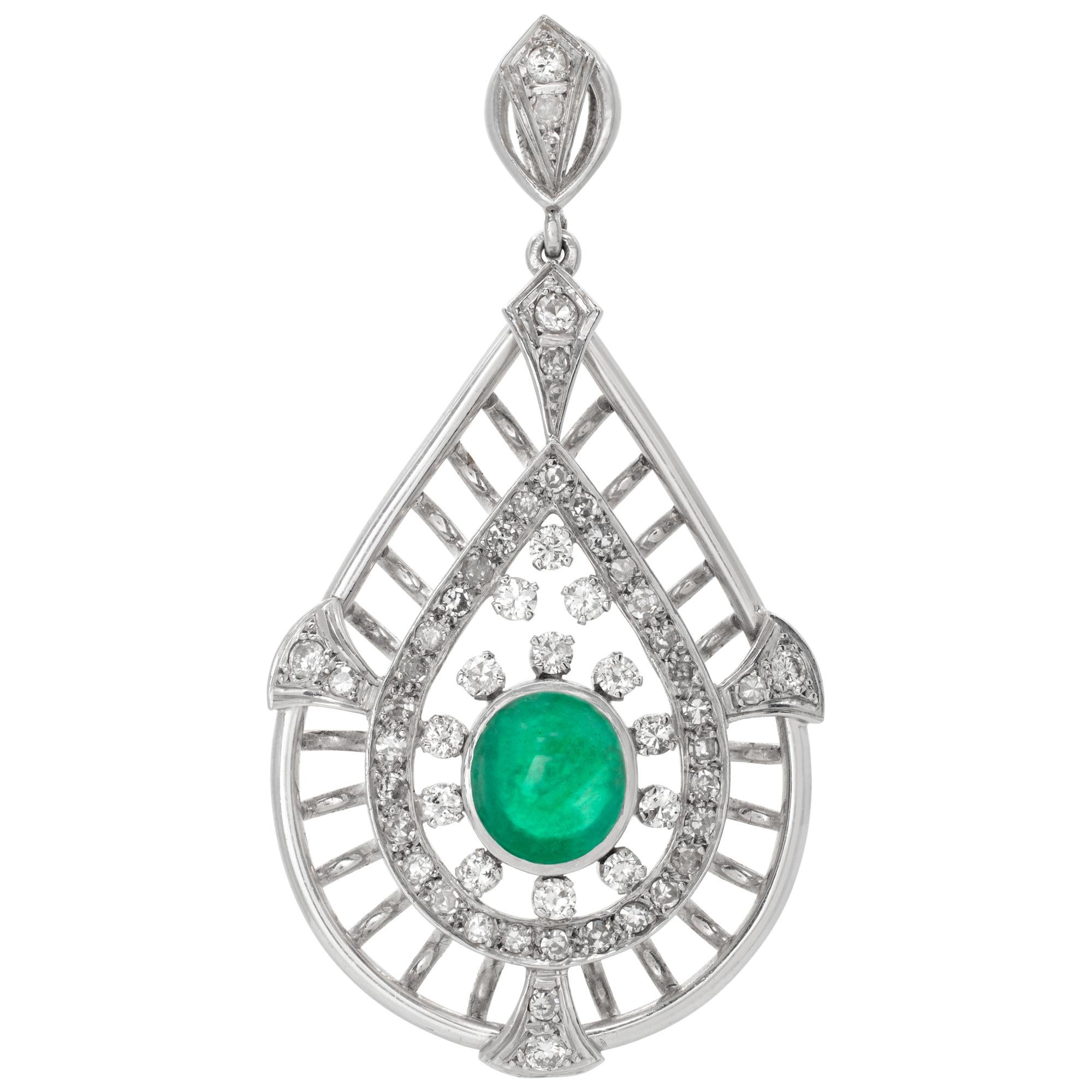 White gold tear drop brooch with center cabochon emerald and accent diamonds