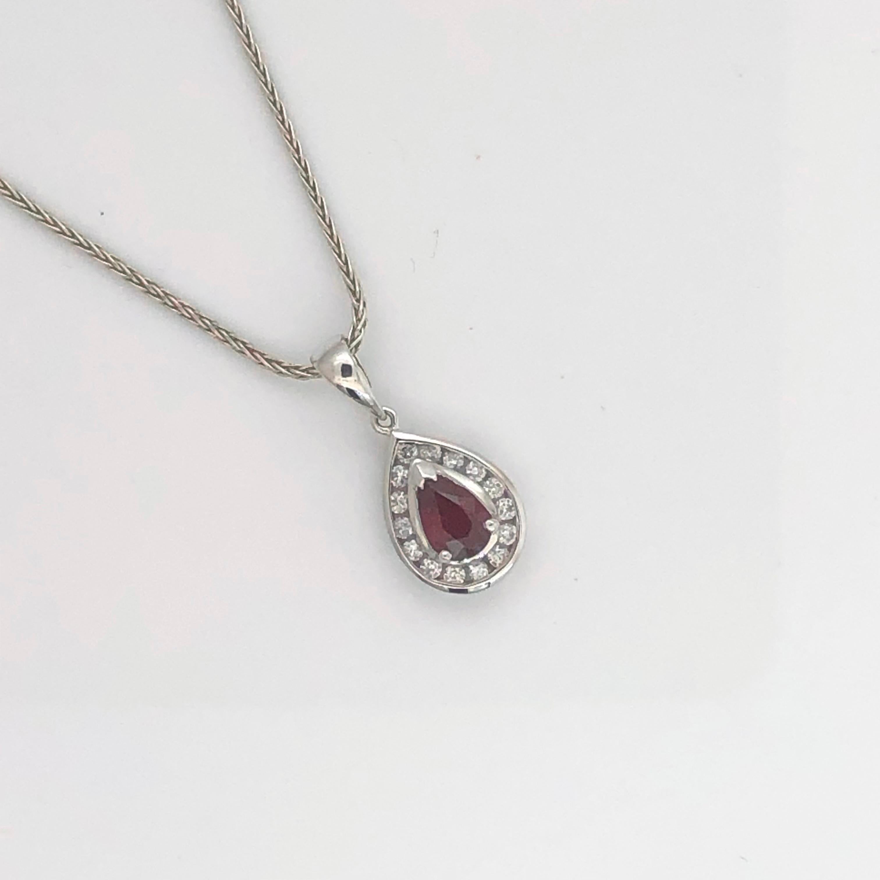 White gold teardrop pendant set with pear shape natural ruby and  diamonds In New Condition For Sale In MELBOURNE, VIC