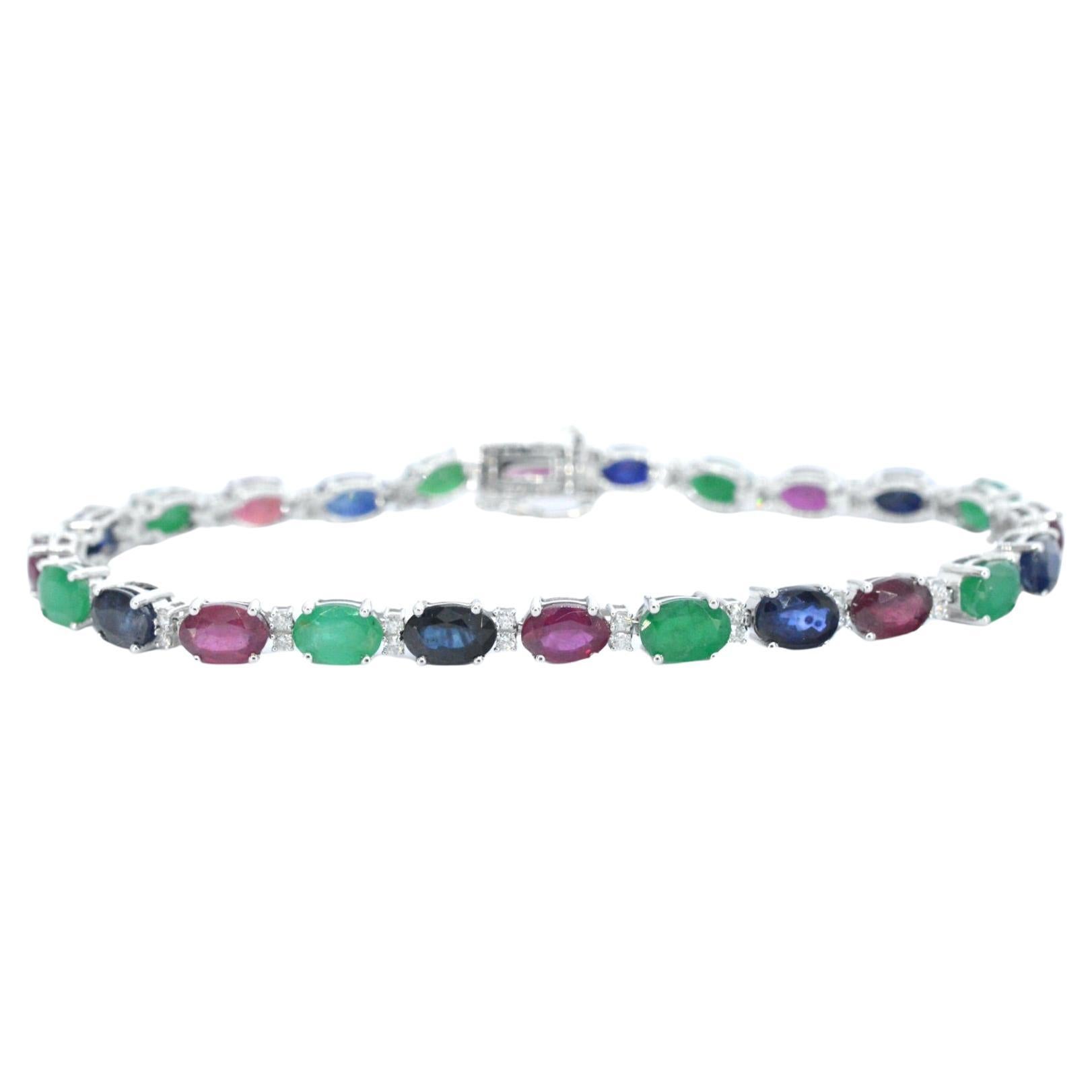 White Gold Tennis Bracelet with Diamonds and Sapphire, Ruby, Emerald