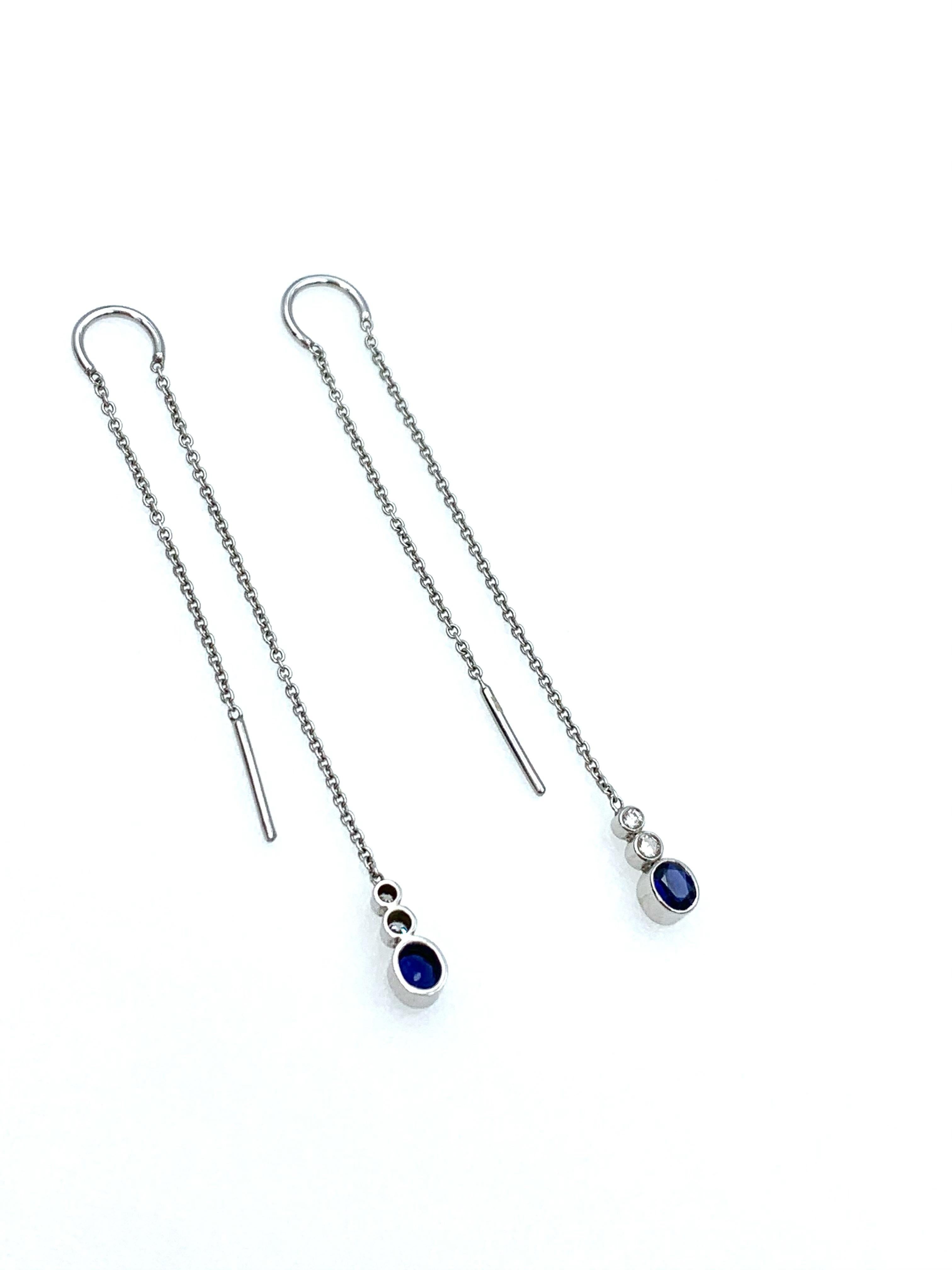 Contemporary White Gold Threadthrough Earrings in Blue Oval Sapphire and Diamonds