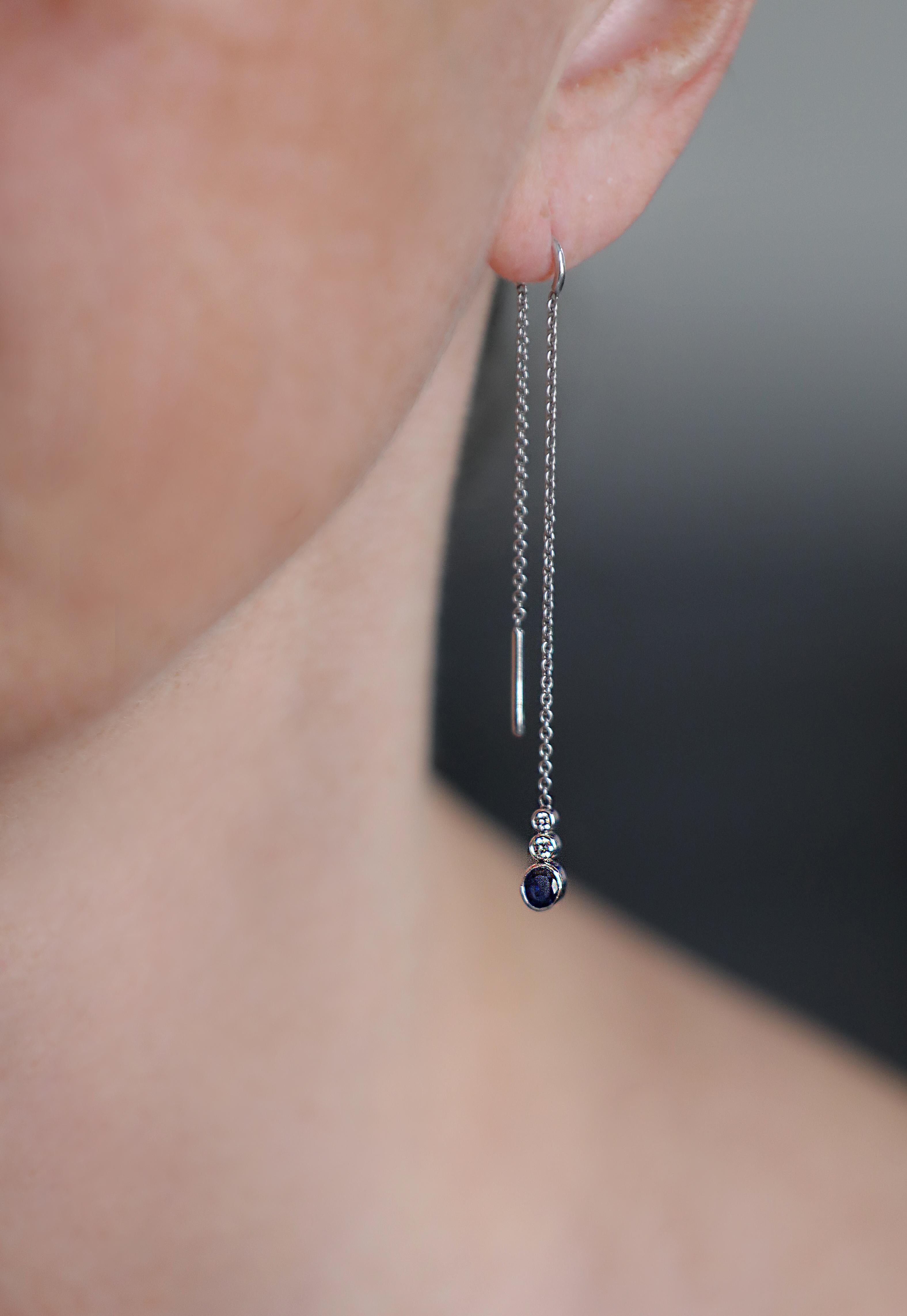 Oval Cut White Gold Threadthrough Earrings in Blue Oval Sapphire and Diamonds