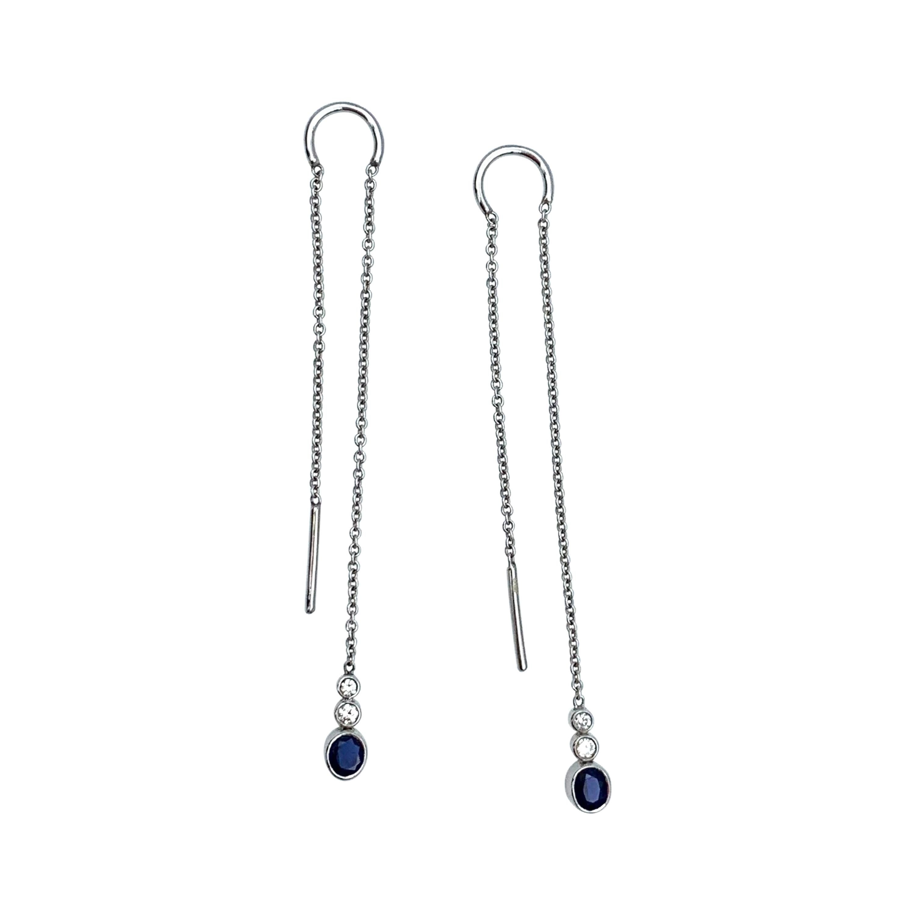 White Gold Threadthrough Earrings in Blue Oval Sapphire and Diamonds