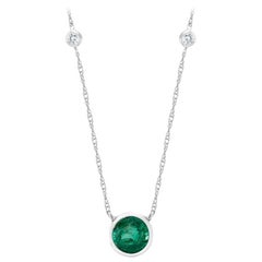 White Gold Three Bezel-Set Diamond Emerald Pendant Necklace