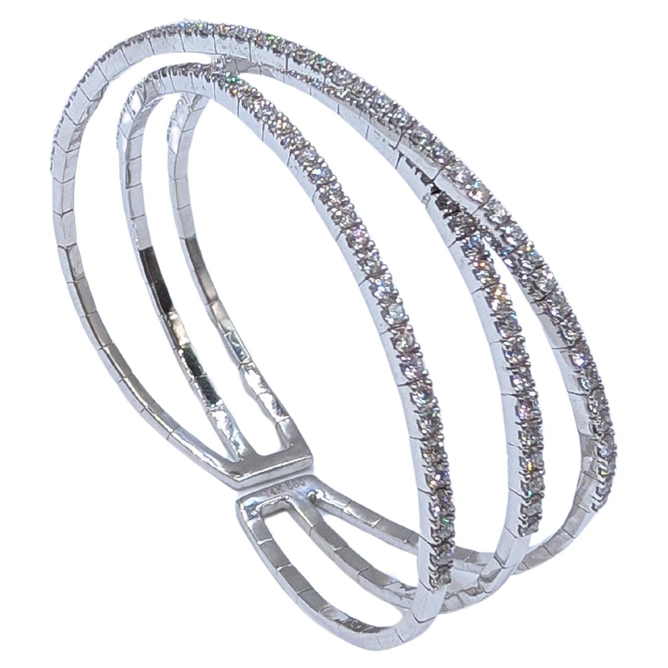 White Gold Three Row Flex Natural Diamond Cuff Bangle For Sale