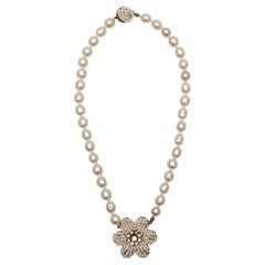 White & Gold-Tone Miriam Haskell Pearl Beaded Floral Pendant Necklace