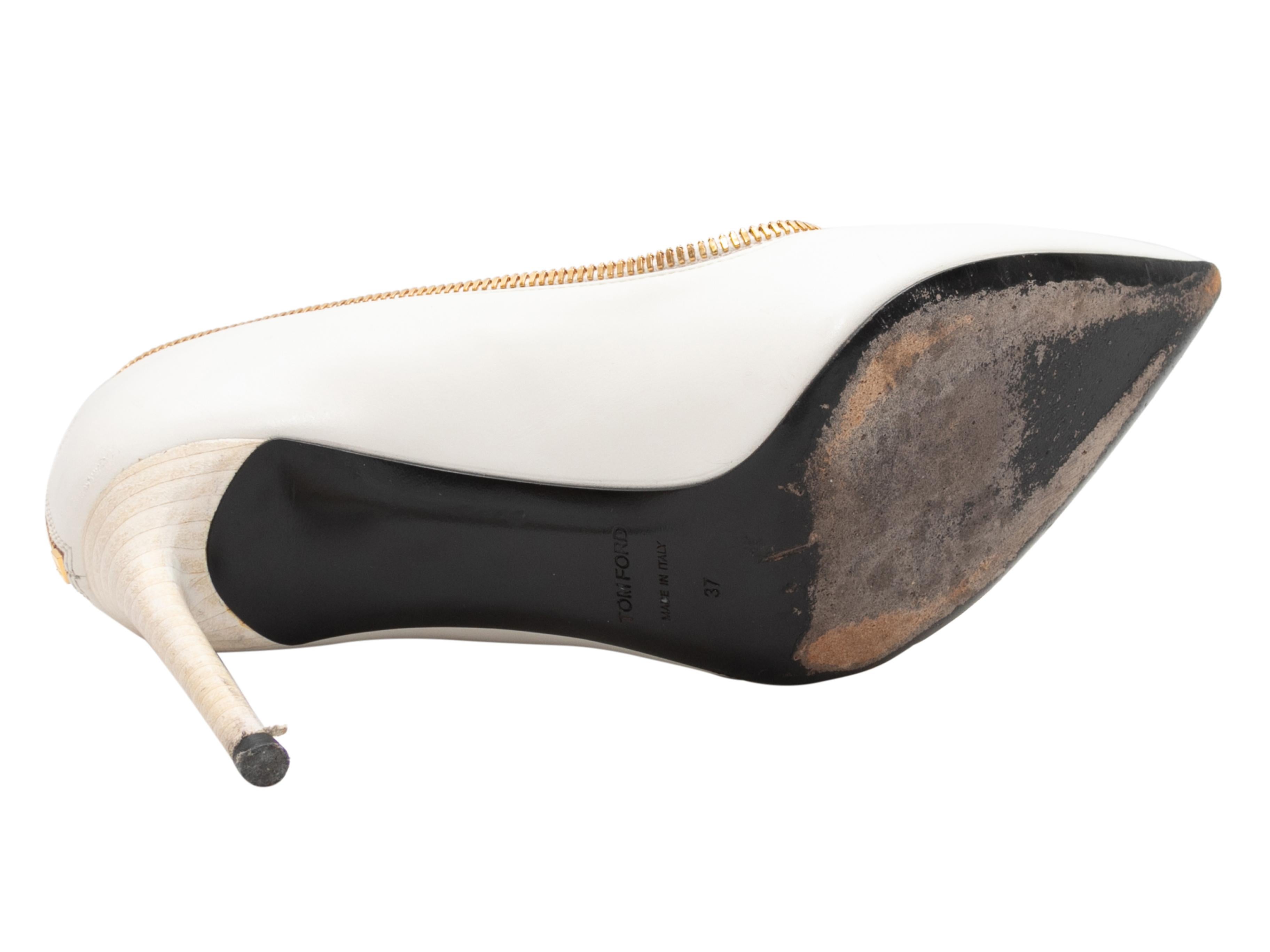 White and gold-tone pointed-toe zipper pumps by Tom Ford. Stacked heels. 3.25