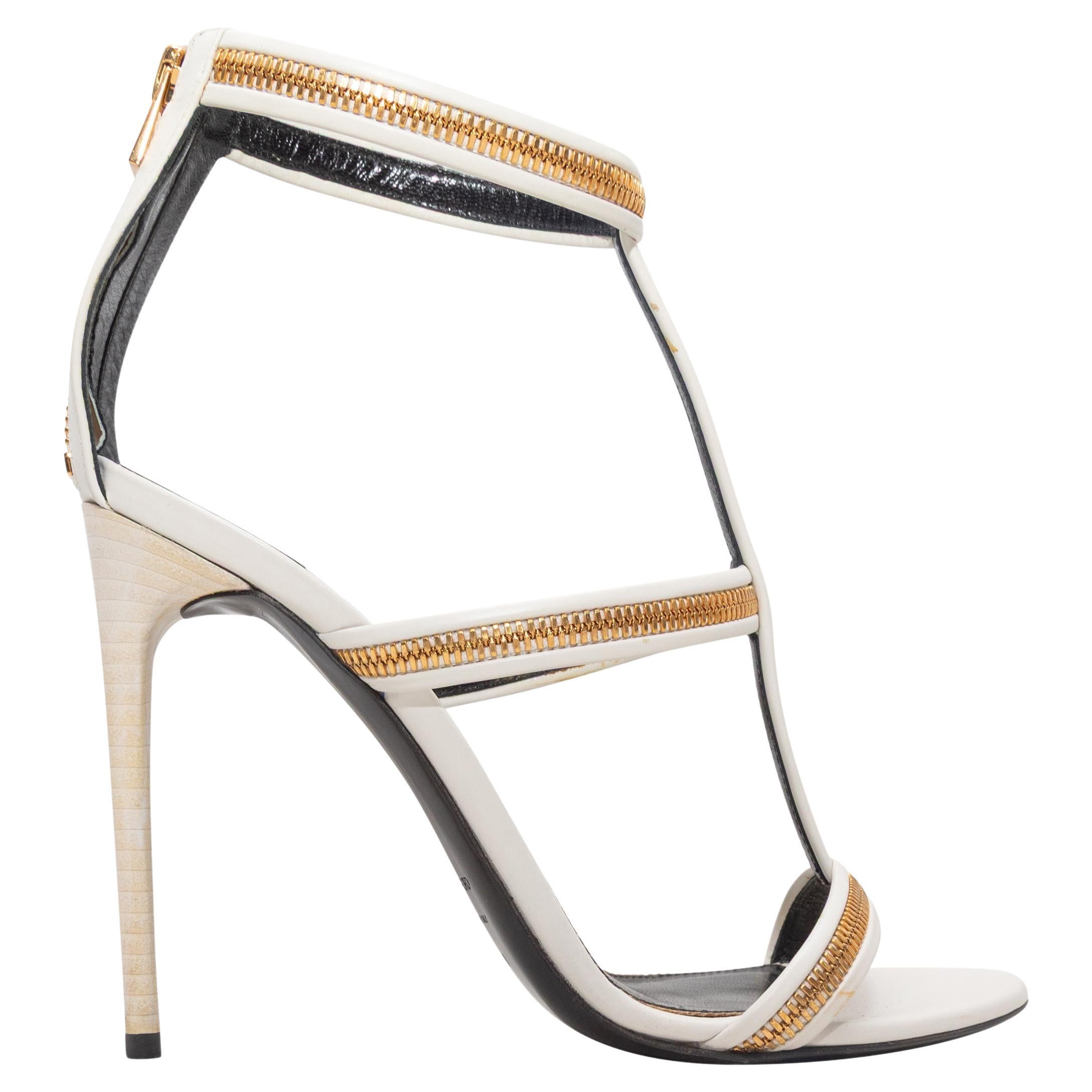 Weiß-goldfarbene Tom Ford Zipper-Sandalen mit Absatz Größe 40 im Angebot