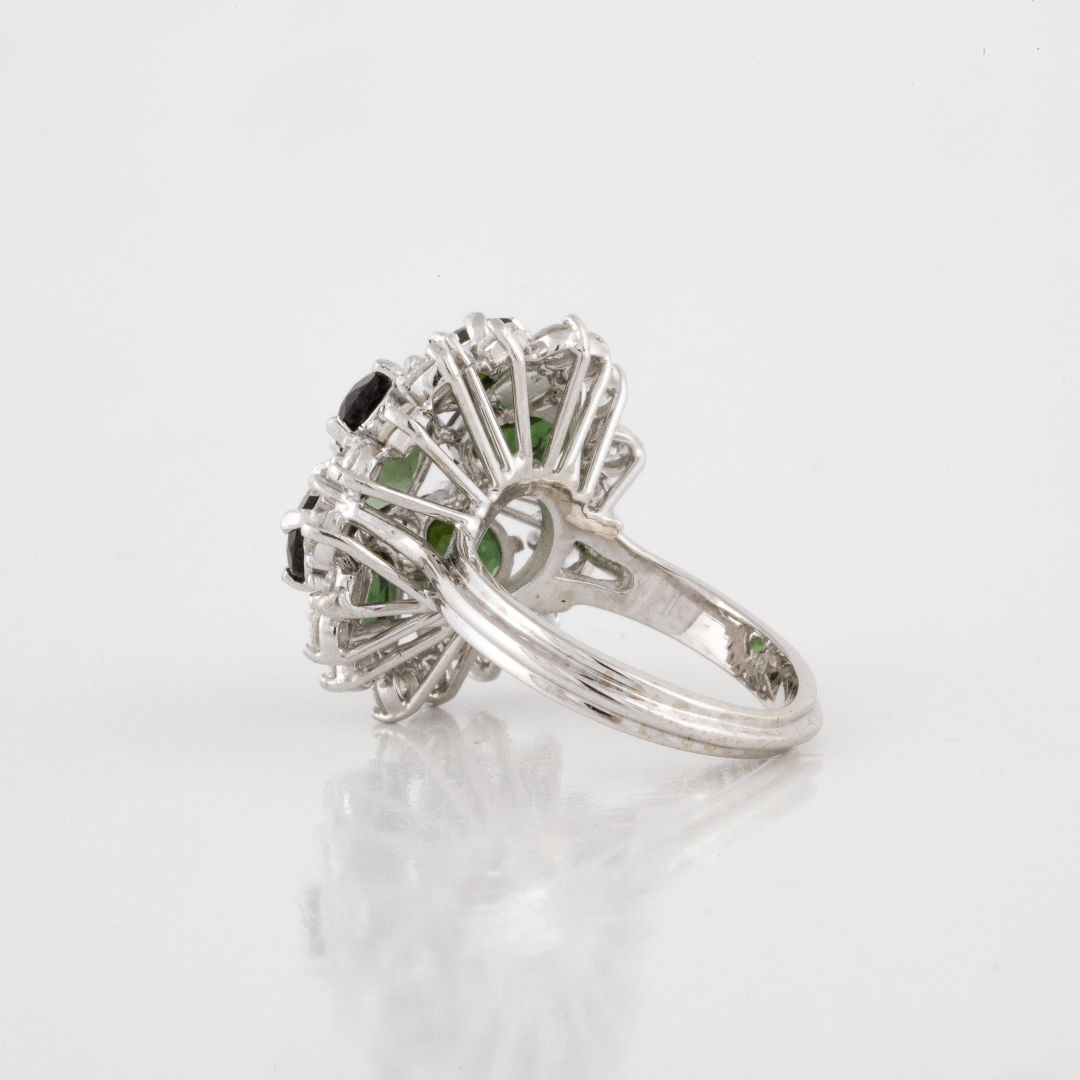 Mixed Cut Green Tourmaline and Diamond Kaleidoscope Ring in 14K White Gold For Sale