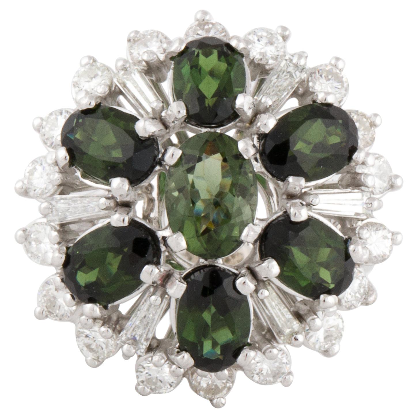 Green Tourmaline and Diamond Kaleidoscope Ring in 14K White Gold For Sale