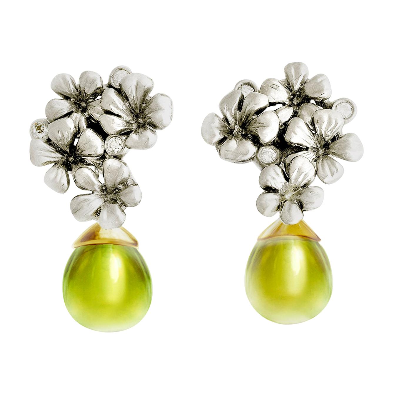 White Gold Transformer Contemporary Earrings with Diamonds and Lemon Quartz For Sale