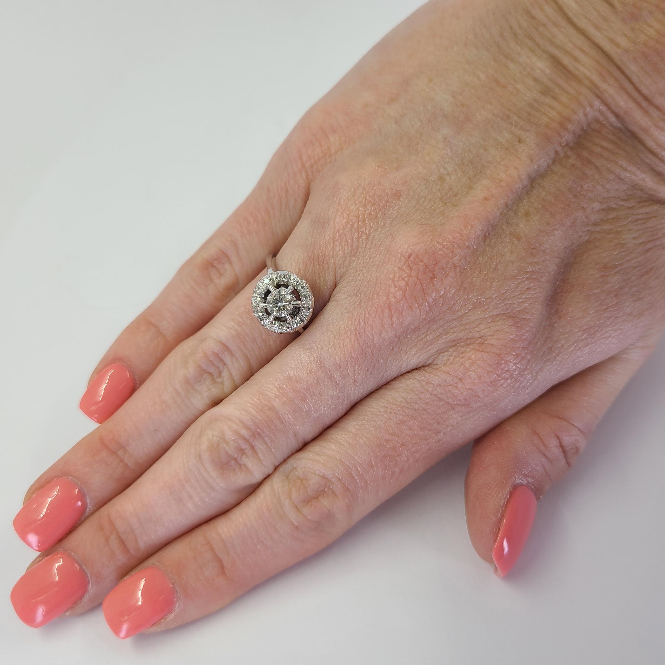 White Gold Transitional Cut Diamond Halo Ring In Good Condition For Sale In Coral Gables, FL