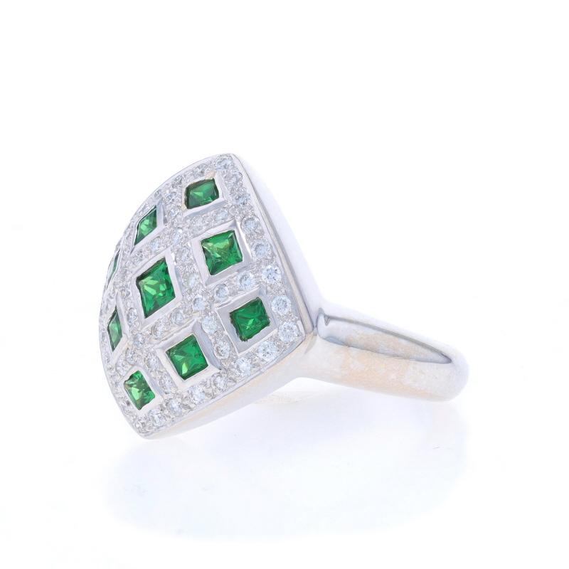 White Gold Tsavorite Garnet Diamond Cluster Cocktail Ring 18k Square1.72ctw Halo In Excellent Condition For Sale In Greensboro, NC
