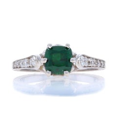White Gold Tsavorite Garnet & Diamond Engagement Ring - 18k Cushion 1.50ctw