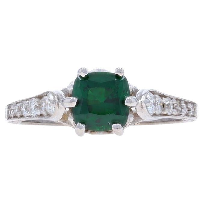 White Gold Tsavorite Garnet & Diamond Engagement Ring - 18k Cushion 1.50ctw For Sale