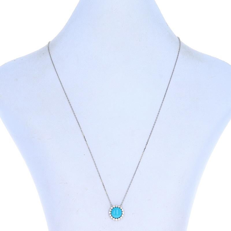 Taglio rotondo Collana aureola con diamanti e turchesi in oro bianco - 18k Cabochon .25ctw Regolabile in vendita