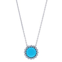 White Gold Turquoise Diamond Halo Necklace - 18k Cabochon .25ctw Adjustable