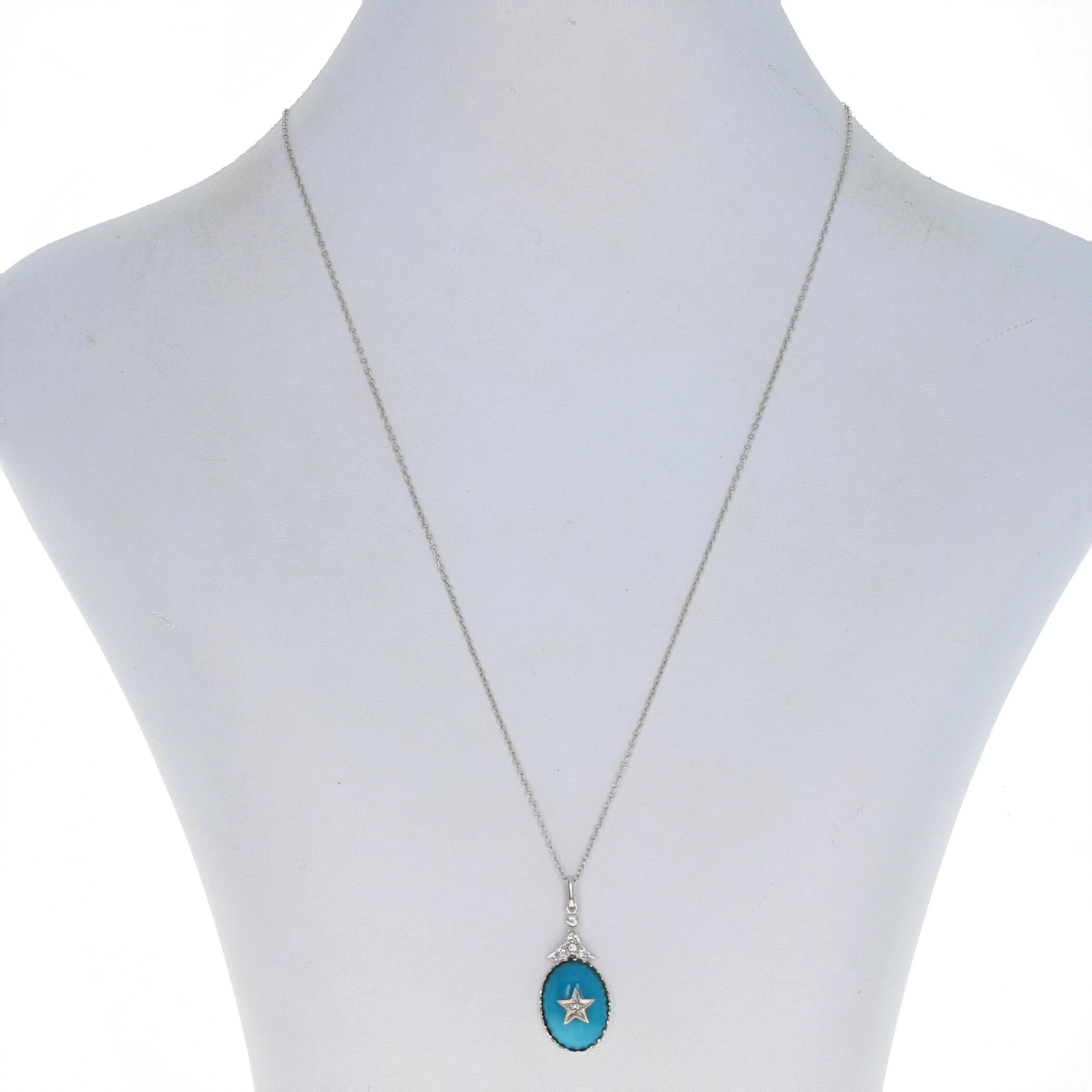 Metal Content: 14k White Gold

Stone Information: 
Genuine Turquoise
Treatment: Routinely Enhanced
Cut: Oval Cabochon
Color: Blue

Natural Diamonds
Total Carats: .10ctw
Cut: Round Brilliant
Color: G - H
Clarity: SI1 - SI2

Style: Pendant
Chain