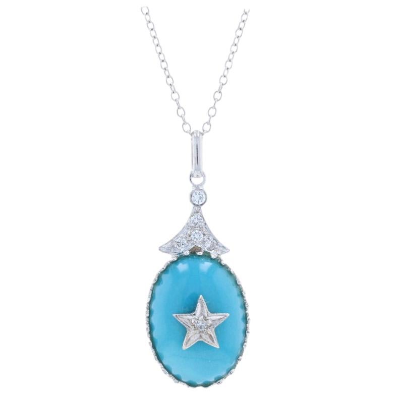 White Gold Turquoise and Diamond Star Pendant Necklace, 14 Karat Oval .10ctw For Sale
