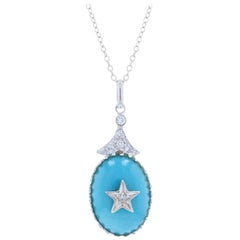 Vintage White Gold Turquoise and Diamond Star Pendant Necklace, 14 Karat Oval .10ctw