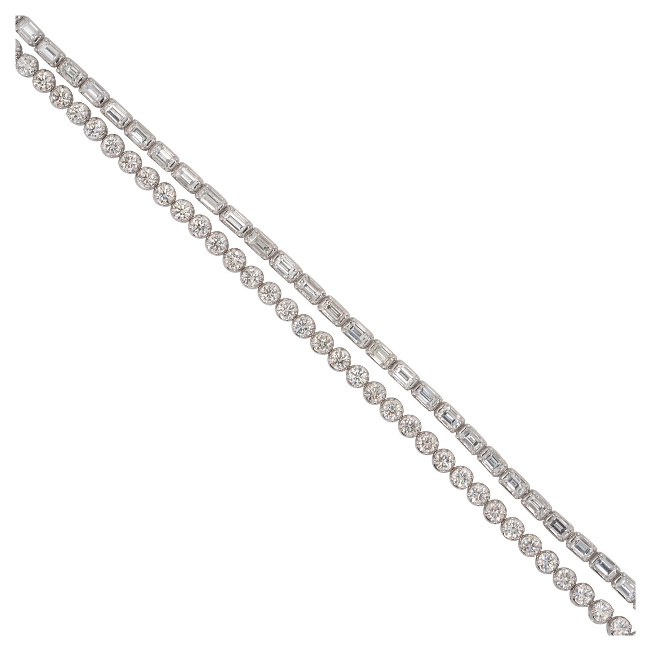 9.17 Carat Round & Baguette Diamond Two Strand Tennis Necklace 18 Karat In Stock For Sale