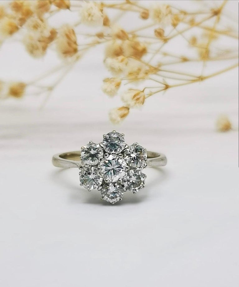 White Gold Vintage Engagement Diamond Cluster Flower Ring For Sale at