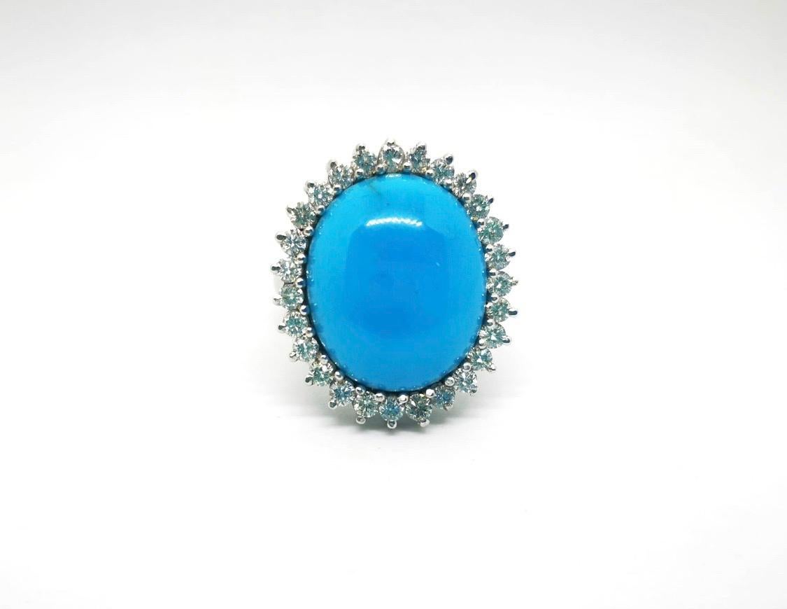 White Gold Vintage Oval Turquoise and Diamond Cocktail Ring For Sale