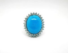 White Gold Vintage Oval Turquoise and Diamond Cocktail Ring